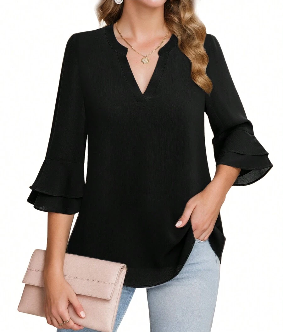 Women's Tops Fashionable Casual Three-Quarter Bell Sleeve Shirt Double Layer Chiffon Work Tunic Shirt - màu đen - Xem 1