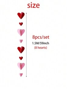 8pcs/Set Valentine's Day Decorations 3D Heart Paper Garland, Hearts In Red & Pink No DIY Hanging Decoration Red Heart Shape String Ornament For Valentines/Anniversary/Wedding/Birthday Party Supplies - Multicolor - View 2