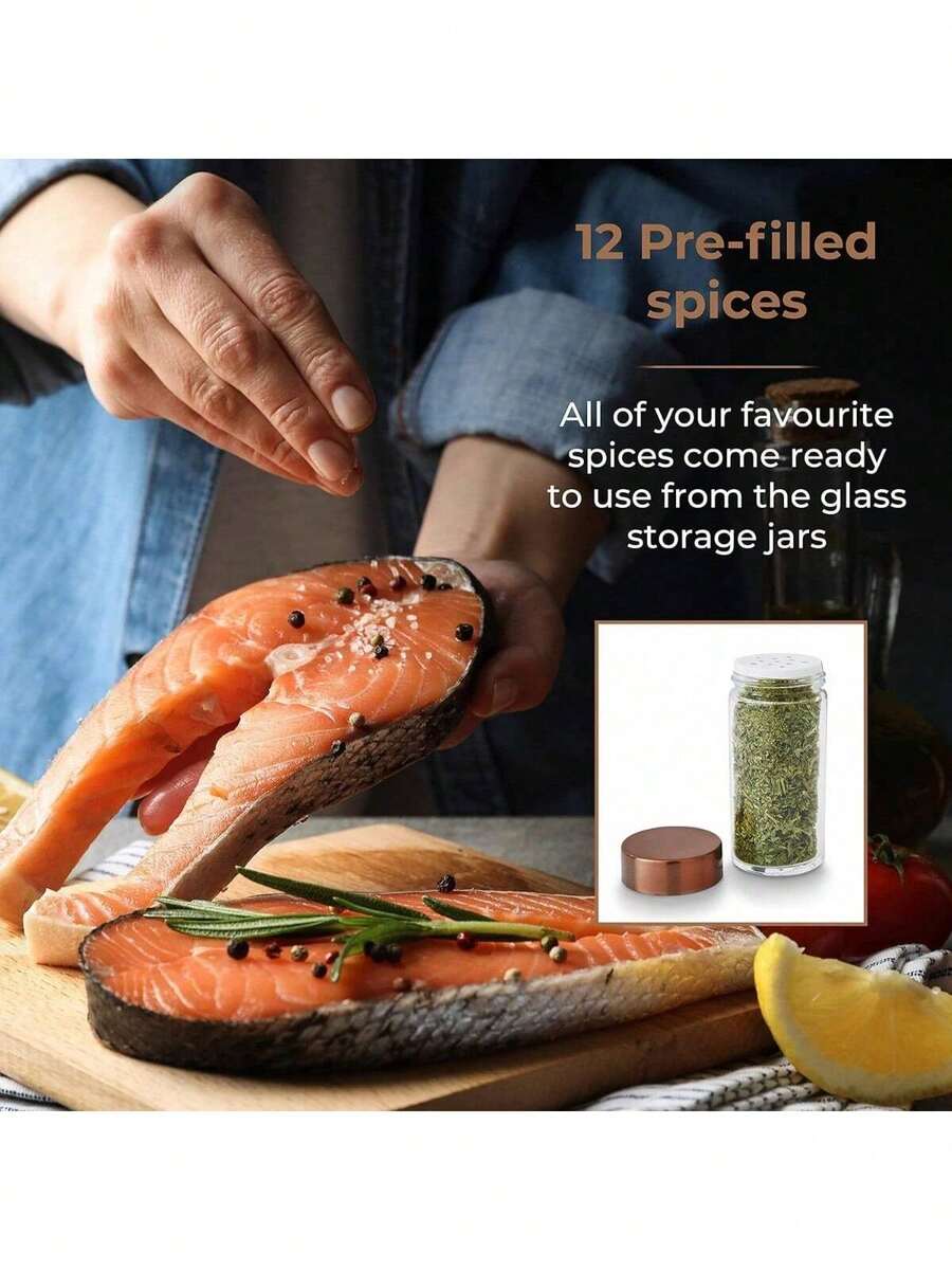 Cavaletto 12 Jar Rotating Spice Rack With PreFilled Spices, Black And