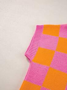 CILKOO Rompi Sweater Wol Lengan Pendek Motif Kotak-kotak Kontras Leher Bulat Kasual - Jeruk - View 8
