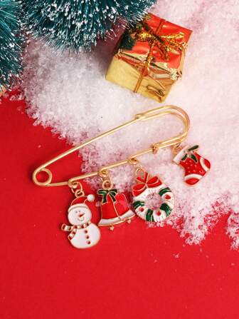 1pc Cartoon Christmas Pin Brooch With Bell Boot Santa Snowman Rhinestone Drop Oil Pendant Accessory