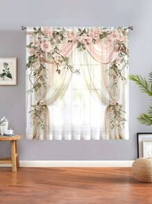 1pc Christmas Decorative Sheer Curtain, Floral & Pillar Romantic Style Curtain, Machine Washable, Suitable For Bedroom, Office, Kitchen, Living Room, Home Decor - Multicolor - View 6