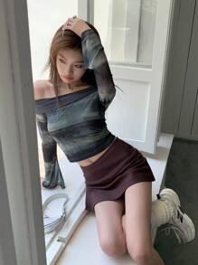 秋季新款欧美露肩网眼设计喇叭袖T恤修身性感上衣 - 藍色 - 查看 1