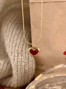 1 件奢华红色心形吊坠韩式女士项链 - 金色 - 查看 2