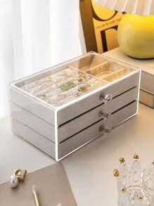 1 件 3 层透明塑料抽屉首饰盒和天鹅绒翻盖首饰收纳盒，适用于戒指、项链、手镯、耳环和吊坠，优雅的展示架配有水晶形手柄，奢华的 3 层珠宝管理器 - 宽敞的耳环、项链和戒指存储空间 - 高品质桌盒美观且有隔层，适用于假日海滩、浴室收藏、卧室收藏，大容量