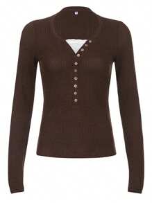 Women's Button-Front Knitted Top, Long-Sleeved Lace Patchwork Slim-Fit Fairy Tee. - Dark Brown - View 2