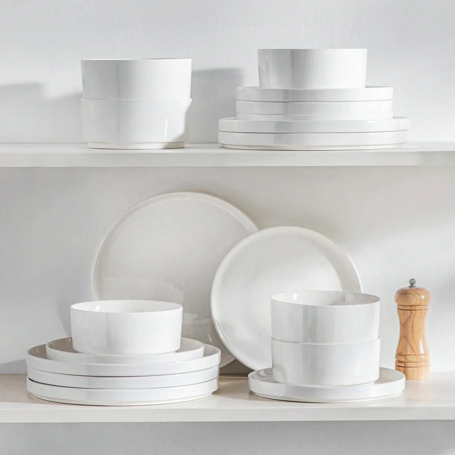 MALACASA 18 Piece Set Of White Curved Vertical Edge Design Ceramic Tableware Set Including 6 Plates/Dessert Plates/Bowls Serving 6 People - trắng - Xem 1