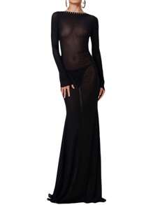 Women's Stunning Long Bodycon Gown Solid Hue See-Through Mesh Sheer Long Sleeve Crossover Tie-Up Backless Evening Party Attire - 黑色 - 查看 1