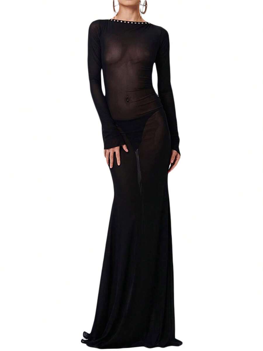 Women's Stunning Long Bodycon Gown Solid Hue See-Through Mesh Sheer Long Sleeve Crossover Tie-Up Backless Evening Party Attire - 黑色 - 查看 1
