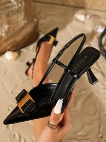 Giày cao gót thời trang nữ bằng da bóng có khóa kim loại, mũi giày kín, hở mũi, quai hậu, mũi nhọn - màu đen - Xem 1