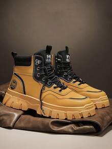 Giày bốt cổ cao thời trang thu đông, giày da nhỏ, giày đen nhỏ, giày thường ngày nam, giày bốt làm việc cổ thấp chống mài mòn, giày thể thao thường ngày hợp thời trang phong cách mới - Màu Khaki - Xem 3