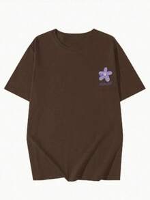 Women's T-Shirt Blouse Flowers Printed 100% Cotton Round Neck Casual Fashion Premium Knit - 鏽棕色 - 查看 2