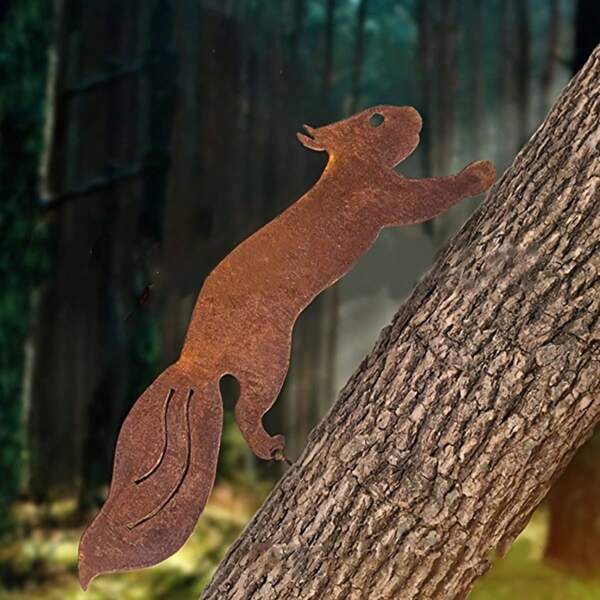 HELLOYOUNG Pieu de silhouette d'écureuil en métal rustique - Branche de fer décorative pour le jardin, la terrasse et la clôture extérieure