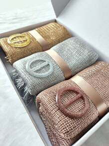 3PCS Women Plain Gold & Silver Thread Scarf + Silk Ribbon Box Set, Elegant Fashion Wrap/Scarves Gift Box, Suitable For Daily Wearing And Photography - Lurex Shawl 3-pack - View 6
