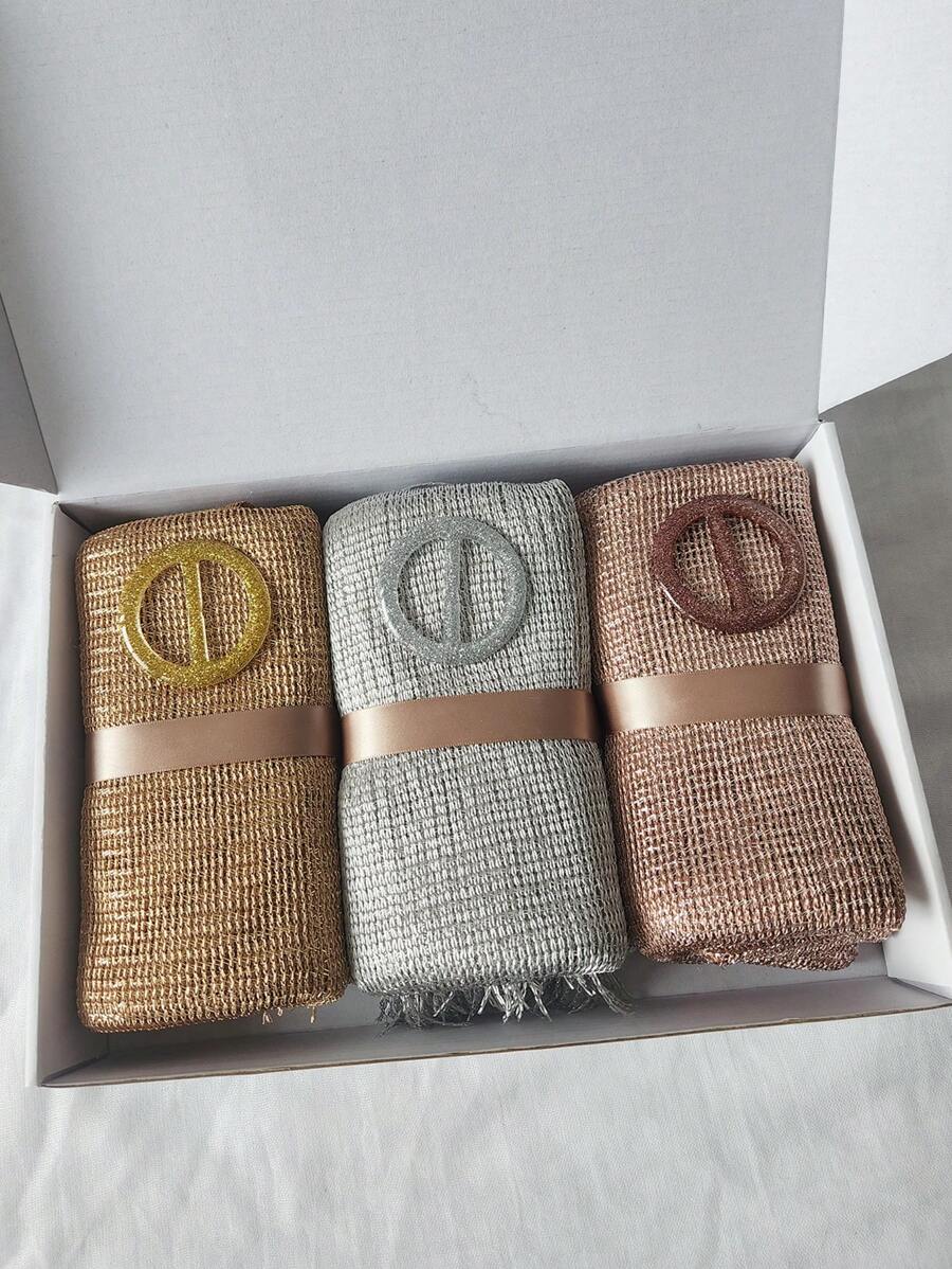 3PCS Women Plain Gold & Silver Thread Scarf + Silk Ribbon Box Set, Elegant Fashion Wrap/Scarves Gift Box, Suitable For Daily Wearing And Photography - Lurex Shawl 3-pack - View 1