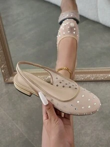 Giày bệt lưới đính đá màu mơ cho nữ, chất liệu lưới lưới màu mơ, nhẹ, thoáng khí và thân thiện với bàn chân, đính đá màu trắng, lấp lánh, thoáng khí, chống trượt, cực kỳ thoải mái, phong cách tối giản, thích hợp cho các buổi đi chơi mùa xuân/hè, tụ họp, mua sắm, lễ hội, hoạt động hàng ngày, thanh lịch, tiệc tùng, lễ kỷ niệm, phong cách, giày ba lê, giày lưới - Màu be - Xem 1