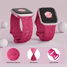 花卉雕刻蝴蝶花兼容 Apple Watch 表带 40mm 38mm 41mm 44mm 45mm 46mm 49mm 女款，运动硅胶腕带替换件兼容 Apple Watch Series 10 9 8 7 SE Ultra 6 5 4 3，送给返校学生的礼物 - 芭比粉 - 查看 1
