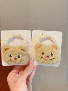 2 件装可爱毛绒黄油熊发夹发夹少女心卡通头绳皮革发带马尾辫发饰趣味配饰 - 黃色 - 查看 10