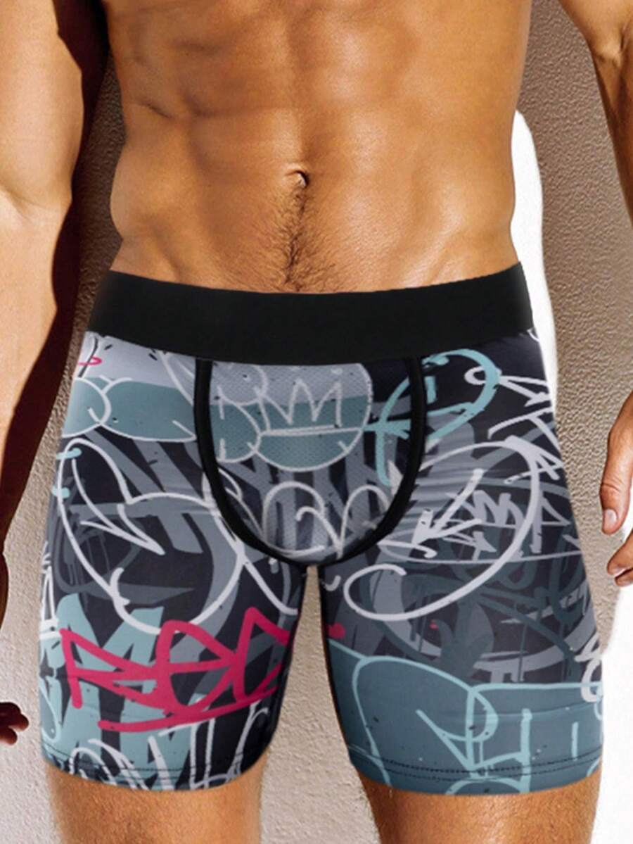 男式全印花长款抽绳松紧腰平角内裤 - 彩色 - 查看 1