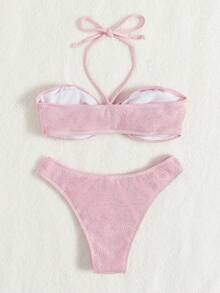 Summer Beach Light Pink Bikini Set With Neck Tied Sexy Split Bikini Set - Baby Pink - View 4