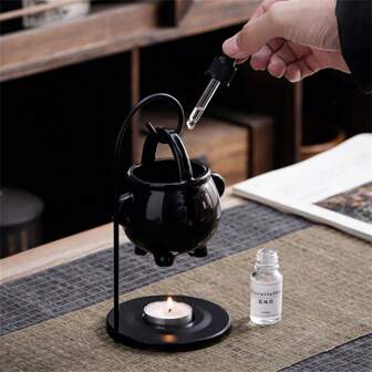 1pc Gothic Style Iron Hook Ceramic Essential Oil Diffuser, Candle Melting Wax Warmer, Drop Shaped Oil Burner, Home Decor, Decoration Gift For Halloween, Holiday