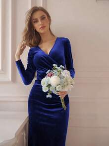 New V-Neck Bodycon Fishtail Velvet Dress, Elegant For Autumn/Winter - Blue - View 5