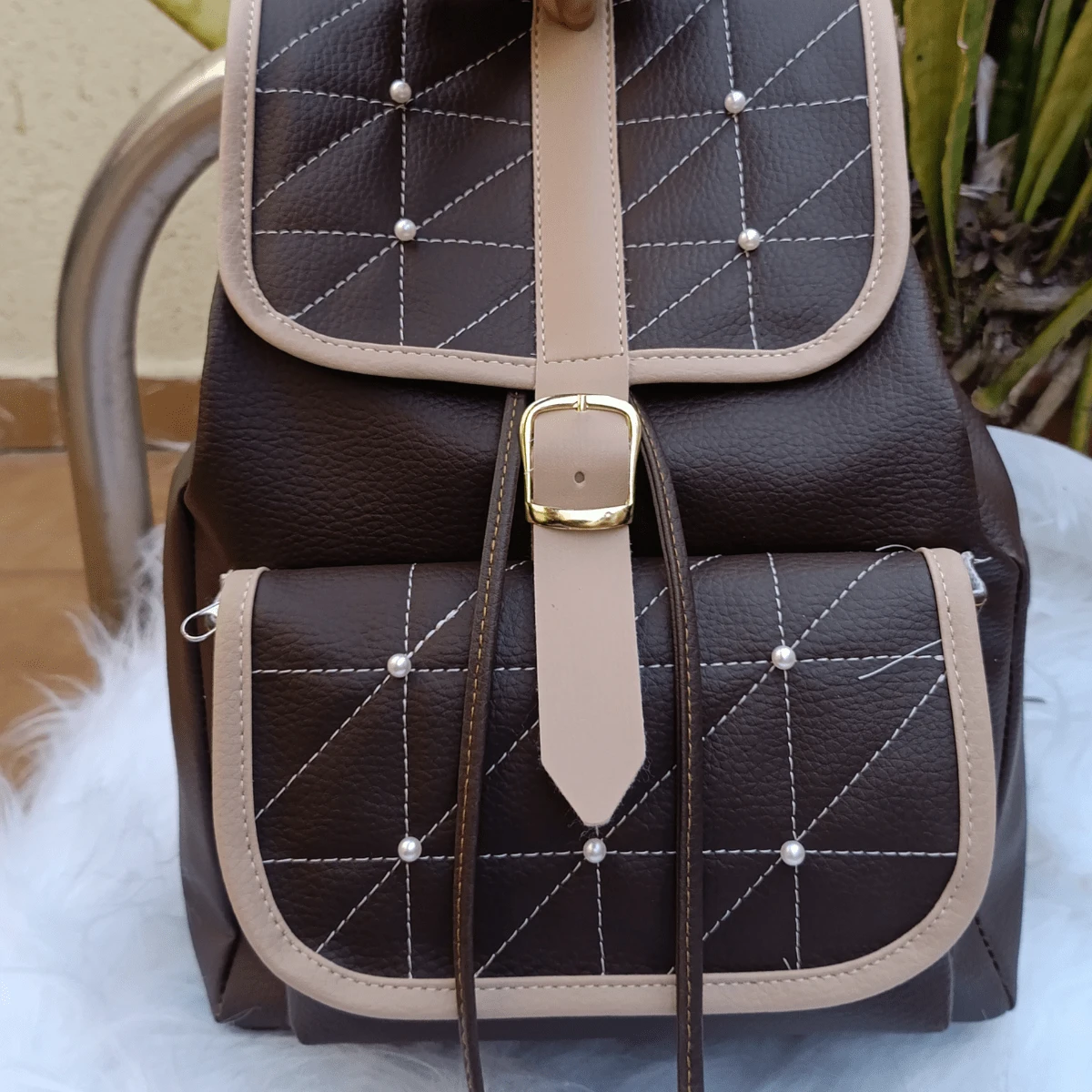 Women's Leather Backpack For Notebook With Adjustable Strap And Pearl Details - Rỉ Nâu - Xem 1