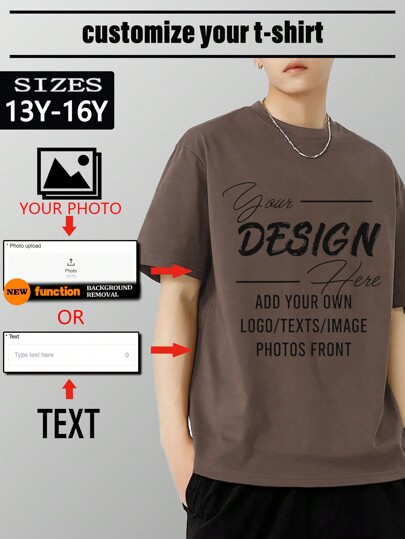 Personalisieren Sie Text und Fotos für Jungen Tops, fügen Sie Ihren eigenen Text und Bilder (Logo/Familienfoto/Selfie/Setfoto/Freund/Geburtstagsphoto) hinzu, um Ihr individuell bedrucktes T-Shirt, Jungentops, Individuell bedruckte Tops, personalisiertes T-Shirt, Sommermode, braune Tops zu gestalten.