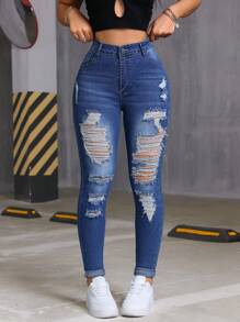 Women's Skinny Ripped Jeans Slim Fit High Waist Sexy Women Denim Jeans,Ladies Pocket,Ripped,Zipper High Waist Skinny Long Light Wash Cotton Skinny Women Jeans,Spring/Fall,Casual Daily Wear
