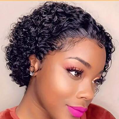 6inch 13x1 Short Deep Wave Human Hair Wigs Brazilian Remy Human Hair Wig Pre Plucked Pixie Cut Wigs For Women