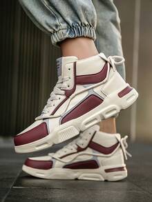 Giày thể thao cổ cao buộc dây họa tiết khối màu thời trang dành cho nam, giày thể thao ngoài trời nhẹ chống trượt phong cách cổ điển - Màu Đỏ Sâu - Xem 7