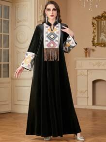 Siskakia Fashion Velvet Notched V-Neck Embroidery Tassel Sequins Modest Long Sleeve Long Dresses Party Arabian Saudi Women Autumn And Winter Robe Spring Black - Black - View 2