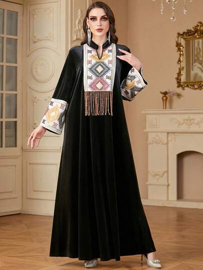  Siskakia Fashion Velvet Notched V-Neck Embroidery Tassel Sequins Modest Long Sleeve Long Dresses Party Arabian Saudi Women Autumn And Winter Robe
