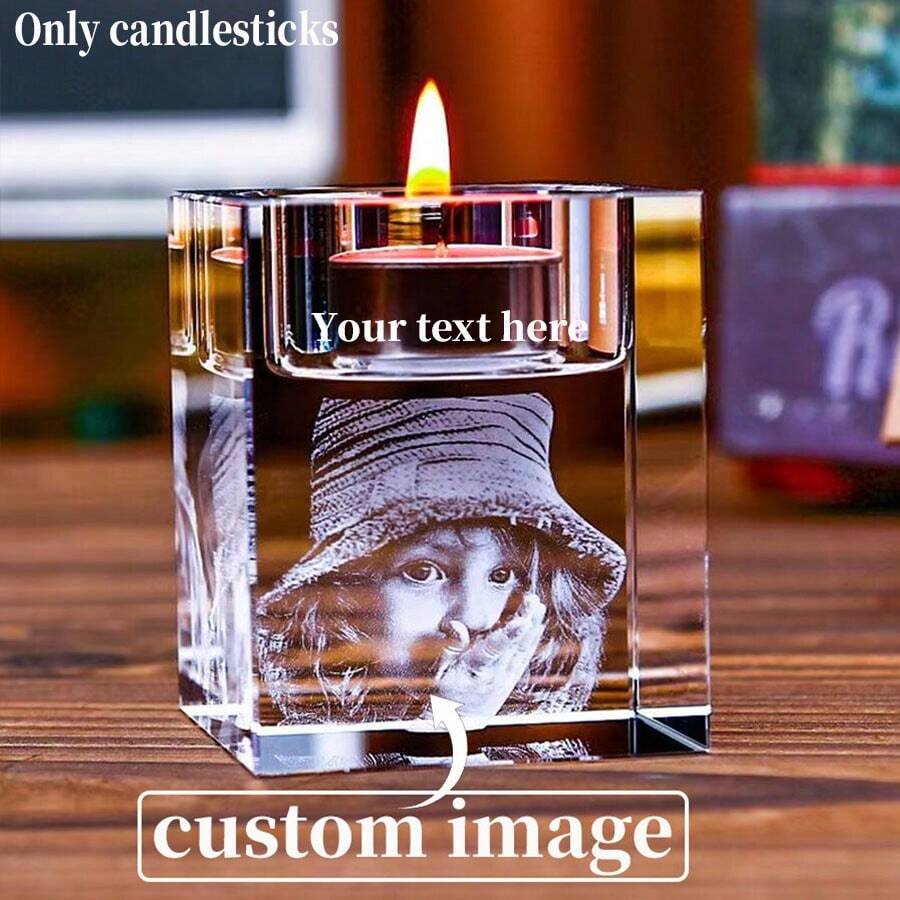 Portavelas de cristal 3D personalizado, se puede grabar con foto y texto para regalo de cumpleaños, Navidad - transparente - Ver 1
