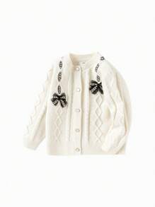 Balabala Girls' Knitted Cardigan Bow Decor Sweater, Stylish Autumn/Winter Top - Beige - View 1
