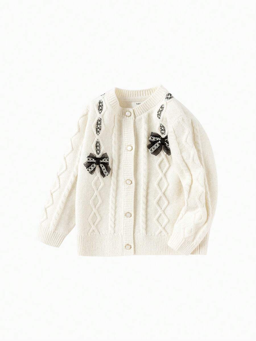 Balabala Girls' Knitted Cardigan Bow Decor Sweater, Stylish Autumn/Winter Top - Beige - View 1