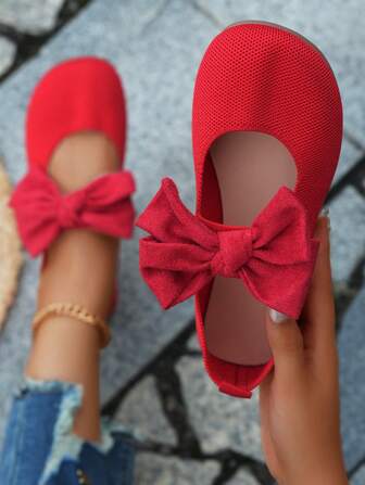 1 Pair Red Knitted Bow Slip-On Shoes, Made Of Breathable Red Knitted Material With Matching Bow Decor On Toe