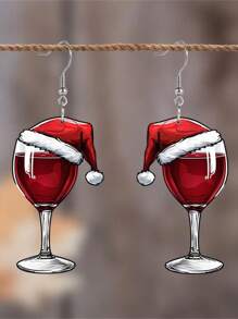Christmas Wine Glass Santa Hat Skirt Pendant Acrylic Earrings For Christmas New Year Party - Red - View 4