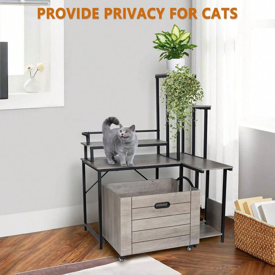 Cat Litter Box Enclosure Furniture With Flower Stand, Corner Wooden Cat