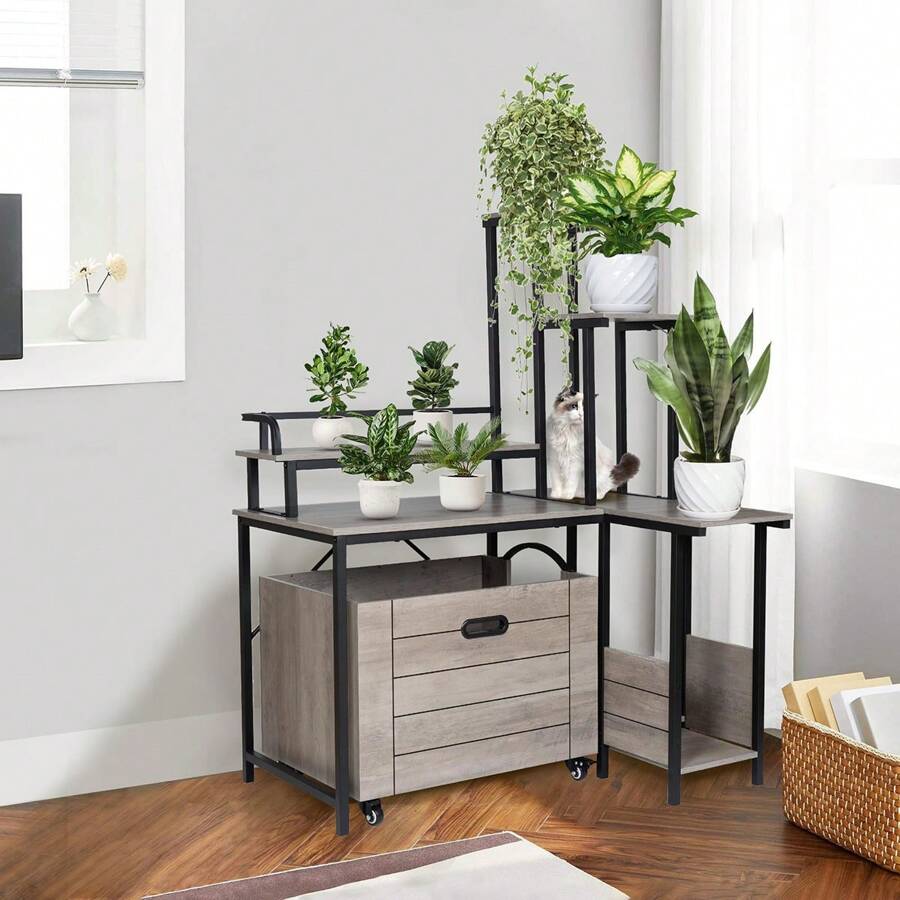 Cat Litter Box Enclosure Furniture With Flower Stand, Corner Wooden Cat