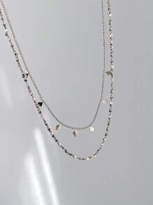 Tkool 1pc Women Stainless Steel Silver-Color Double Layer Multi-Rhombus Tassel Gleaming Flower Pendant Necklace (Pendant Quantity Random) - Silver - View 3