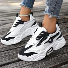 女士户外运动鞋，纯色时尚百搭透气厚底厚底系带跑步鞋 - 黑色 - 查看 4