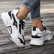 女士户外运动鞋，纯色时尚百搭透气厚底厚底系带跑步鞋 - 黑色 - 查看 5