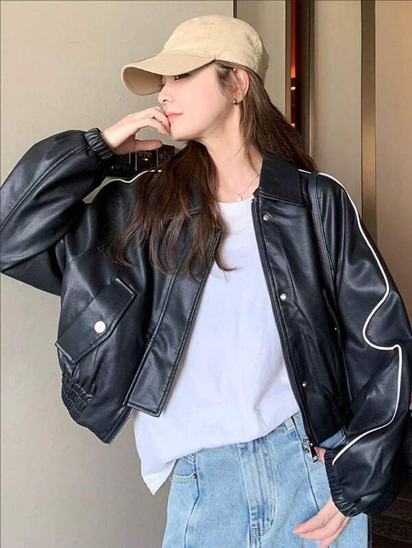 2024 Herbst Europäischer Stil Motorrad-Jacke aus Kunstleder, figurbetonte Damen Varsity Jacke Bomberjacken-Mantel