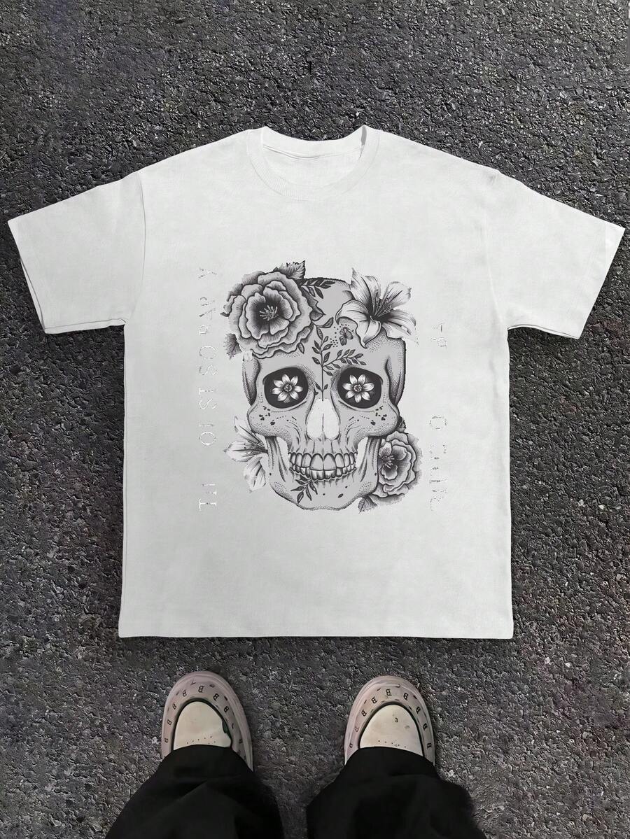 Skull With Floral Patterns 180g Pure Cotton Men's Tshirt Comfort Fit - 白色 - 查看 1