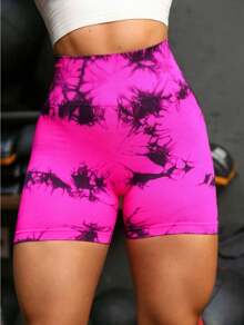 Short Legging Esportiva Academia Yoga Trendy Tie dye Amassada Levanta Bumbum Sem Costura Cintura Alta - Violeta - Visão 1