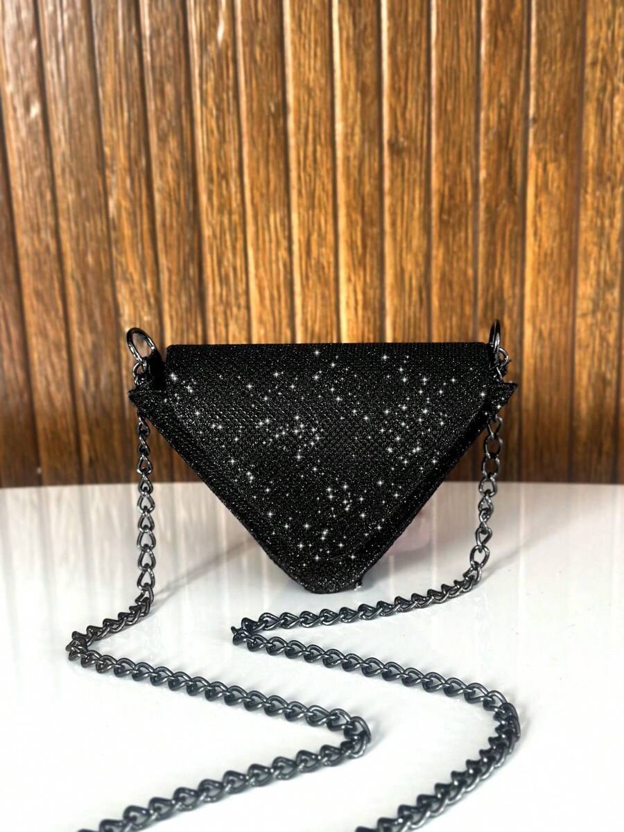 Women's Small Crossbody Bag Party Night Glitter Triangle Geometric - Black - View 1