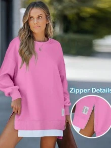 Long Sleeve Pullover Sweatshirt Zipper Slit Casual Dress - 粉色 - 查看 3