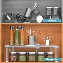 KOKILA Estante para Especias, Juego de 2, Organizador de Armario, Especiero de Cocina Extensible, Estantería retráctil de cocina -Repisa Apilable Cocina Estantería Extensible,Estante retráctil de cocina, estantería en capas para gabinetes,  estante multifuncional debajo del fregadero para platos, Organizador de armario multifuncional para platos y botellas de condimento, especias y platos, Estantería retráctil de partición de gabinete de almacenamiento de unicolor desmontable en capas, sin clavos, para armario, baño, dormitorio, cocina, sala de estar - Organizador de espacio para zapatos, - Gris - Ver 3