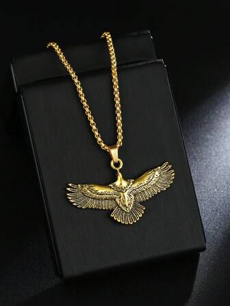 1pc New European And American Fashion Golden Eagle Pendant Necklace, Unique Eagle Alloy Pendant, Fashion Personalized Stainless Steel Long Sweater Chain, Birthday Jewelry, Unisex Everyday Wear
